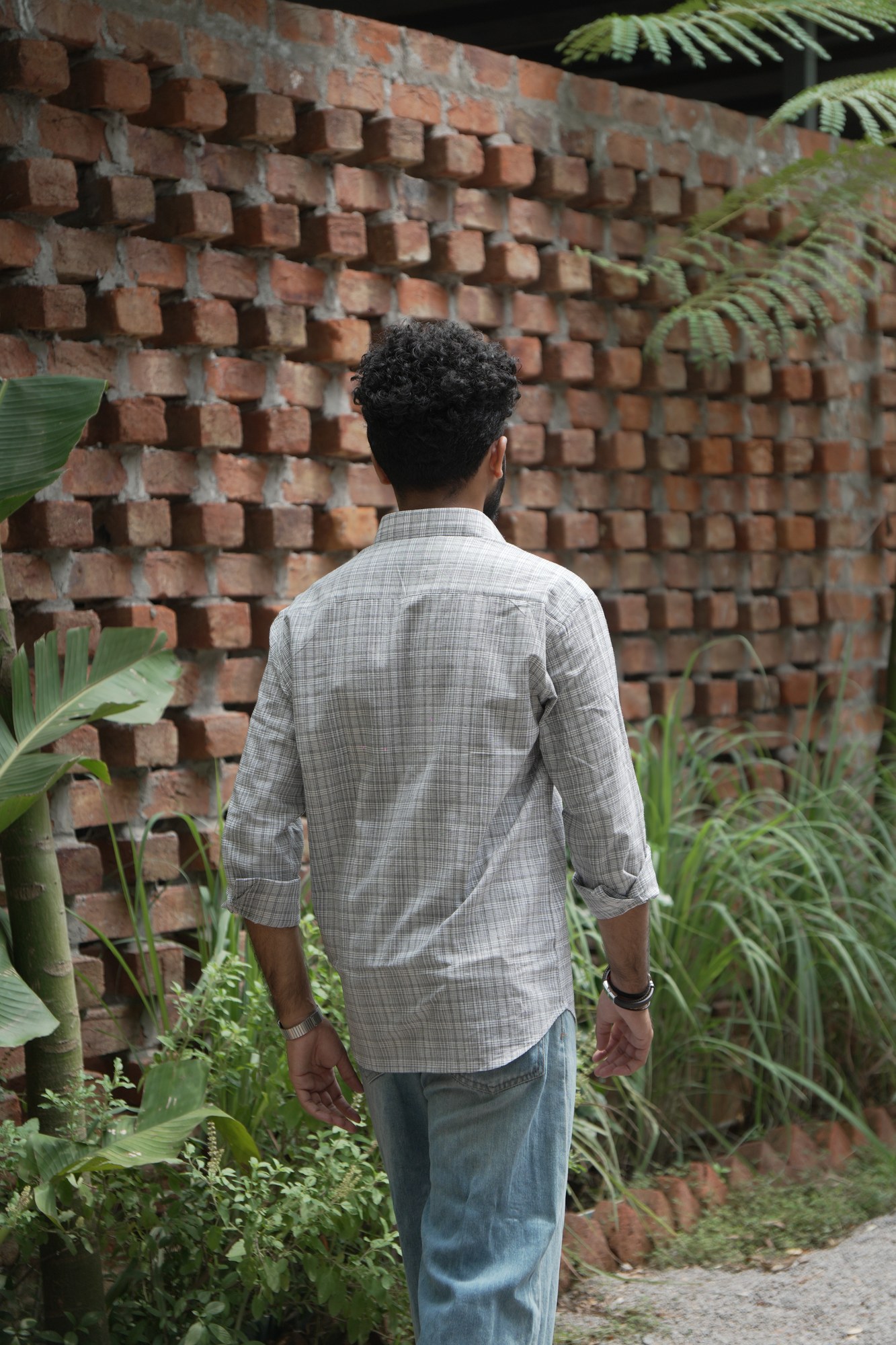 Ash Grid Cotton Shirt in 100% handwoven cotton, shown on a model.