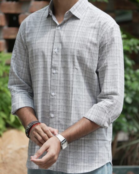 Ash Grid Cotton Shirt in 100% handwoven cotton, shown on a model.