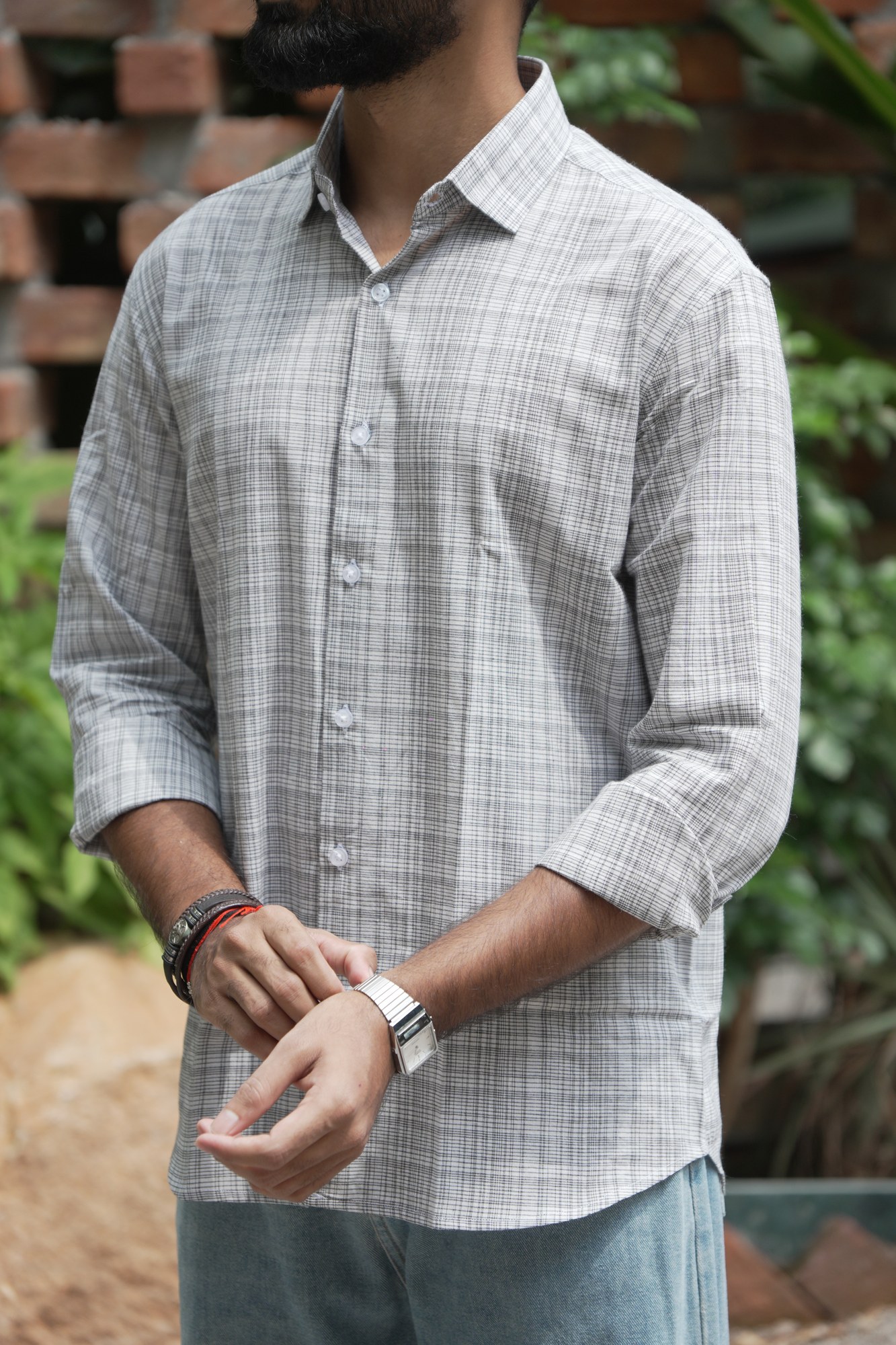 Ash Grid Cotton Shirt in 100% handwoven cotton, shown on a model.