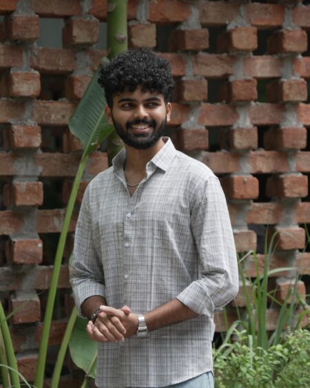 Ash Grid Cotton Shirt in 100% handwoven cotton, shown on a model.
