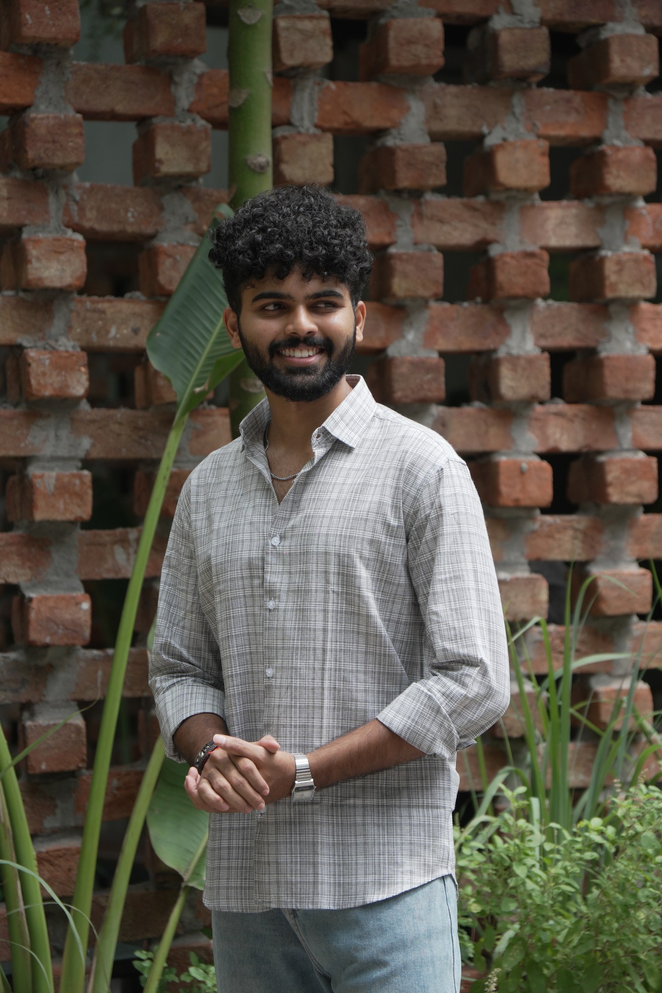 Ash Grid Cotton Shirt in 100% handwoven cotton, shown on a model.