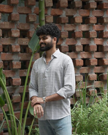 Ash Grid Cotton Shirt in 100% handwoven cotton, shown on a model.