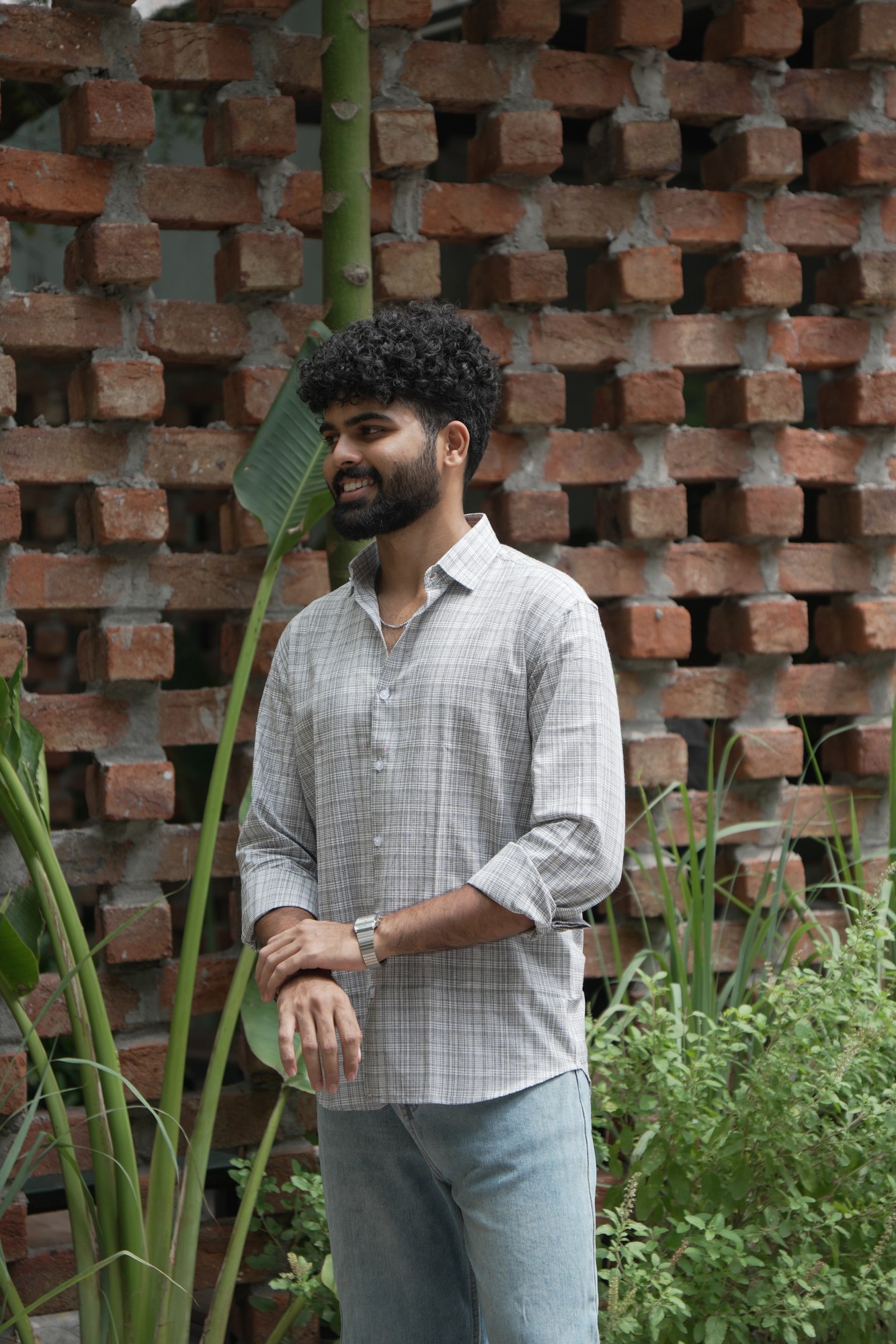 Ash Grid Cotton Shirt in 100% handwoven cotton, shown on a model.