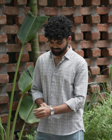 Ash Grid Cotton Shirt in 100% handwoven cotton, shown on a model.