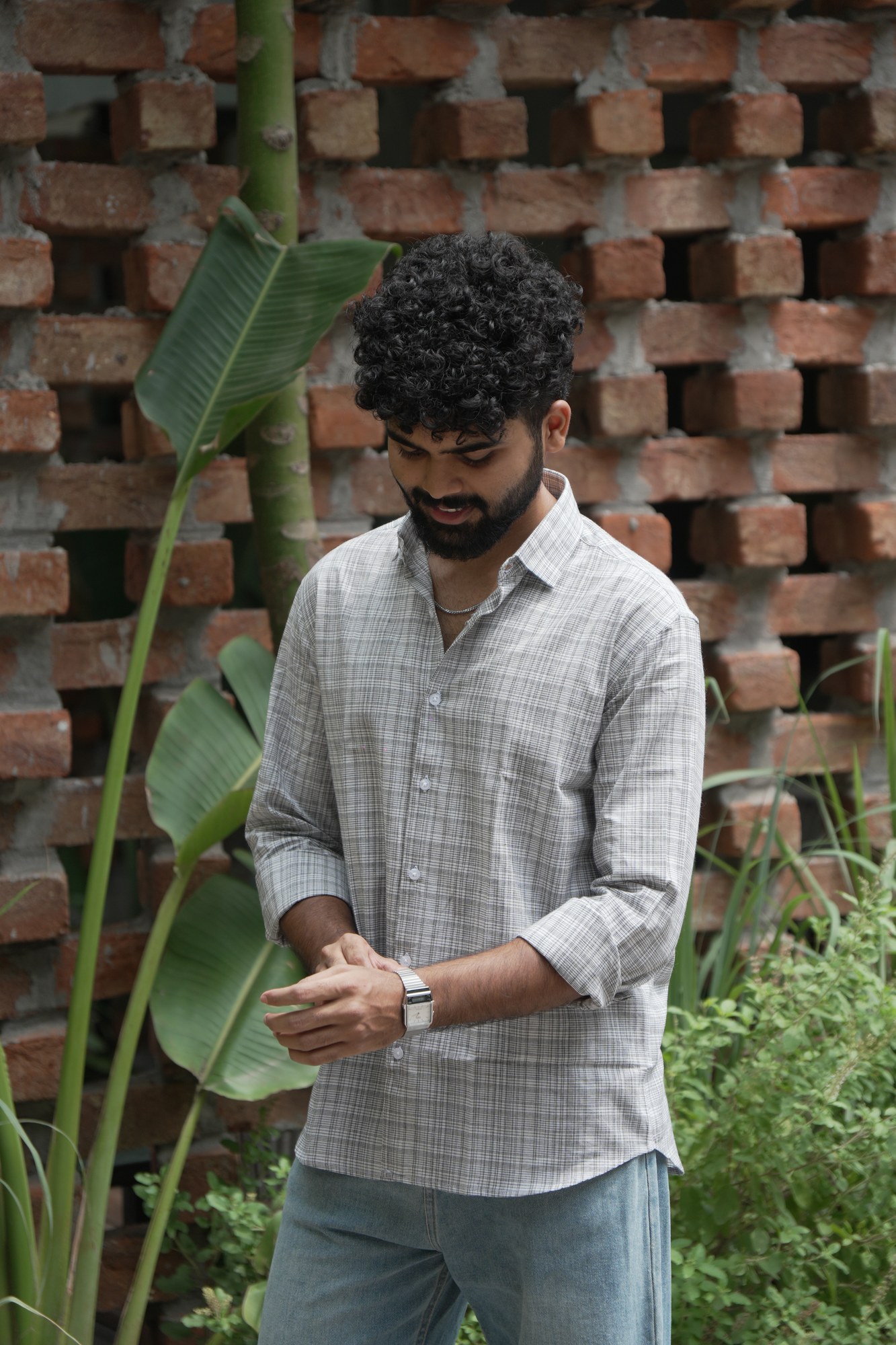 Ash Grid Cotton Shirt in 100% handwoven cotton, shown on a model.