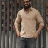 Coffee Stripe Cotton Shirt in 100% handwoven cotton, shown on a model.