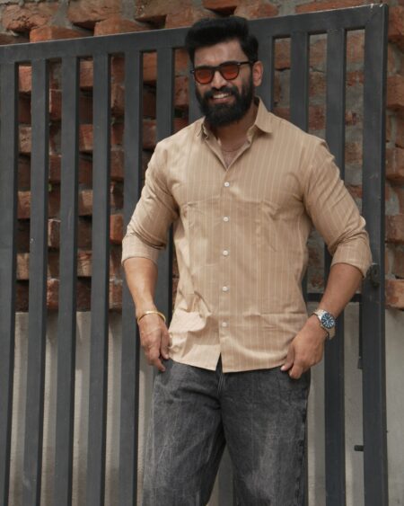 Coffee Stripe Cotton Shirt in 100% handwoven cotton, shown on a model.