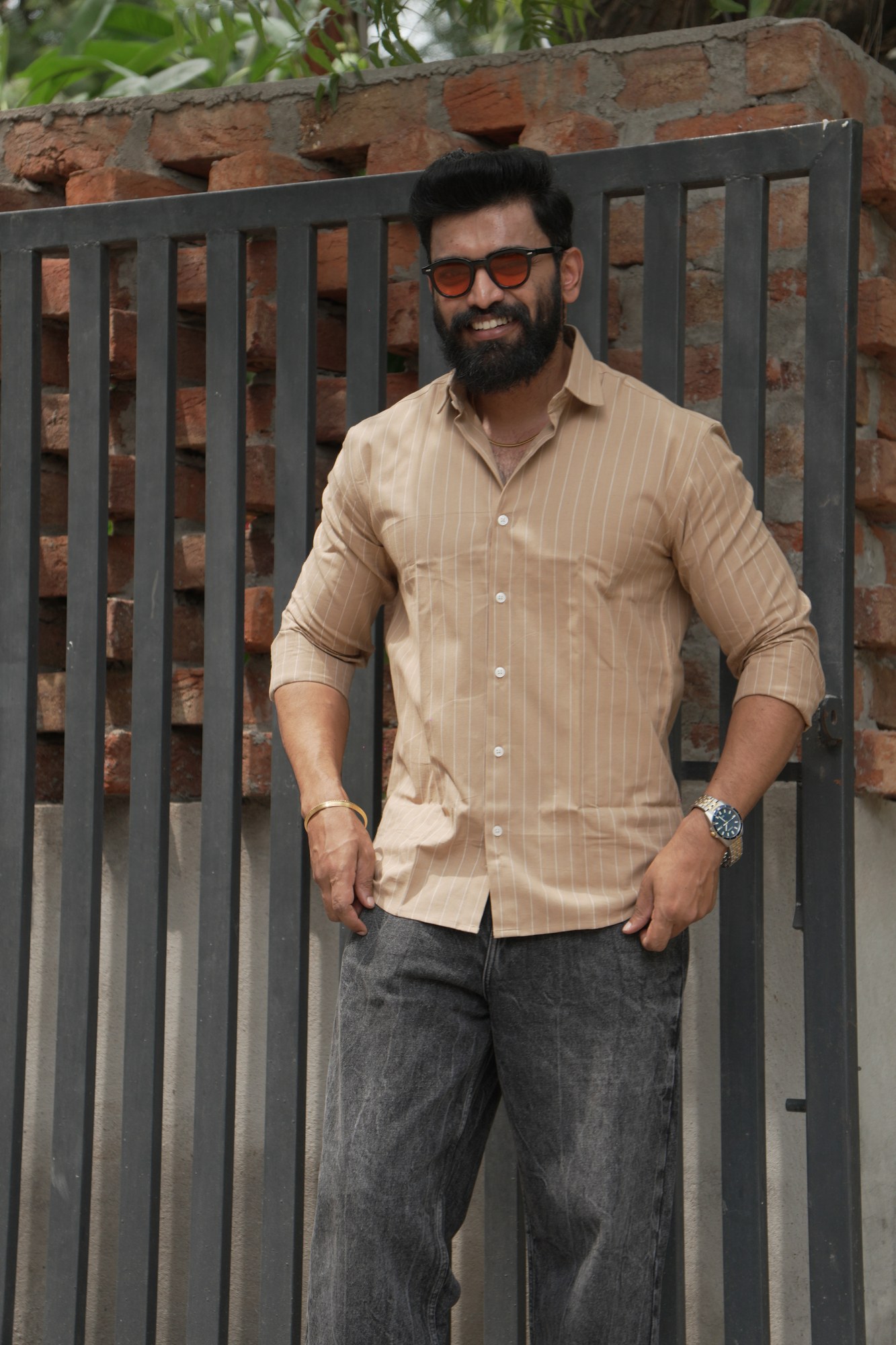 Coffee Stripe Cotton Shirt in 100% handwoven cotton, shown on a model.