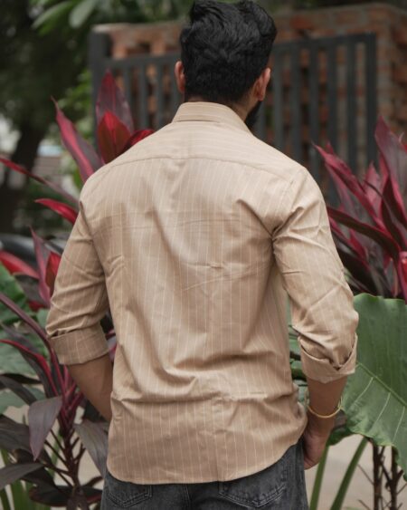 Coffee Stripe Cotton Shirt in 100% handwoven cotton, shown on a model.