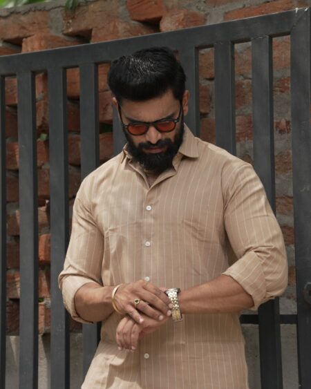 Coffee Stripe Cotton Shirt in 100% handwoven cotton, shown on a model.