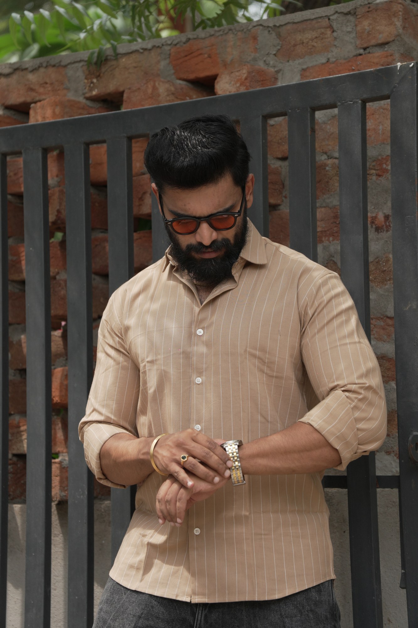 Coffee Stripe Cotton Shirt in 100% handwoven cotton, shown on a model.