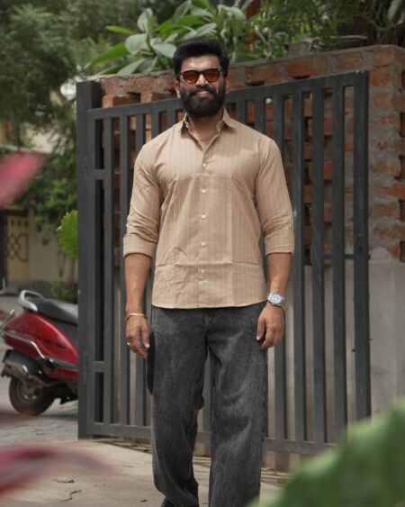 Coffee Stripe Cotton Shirt in 100% handwoven cotton, shown on a model.
