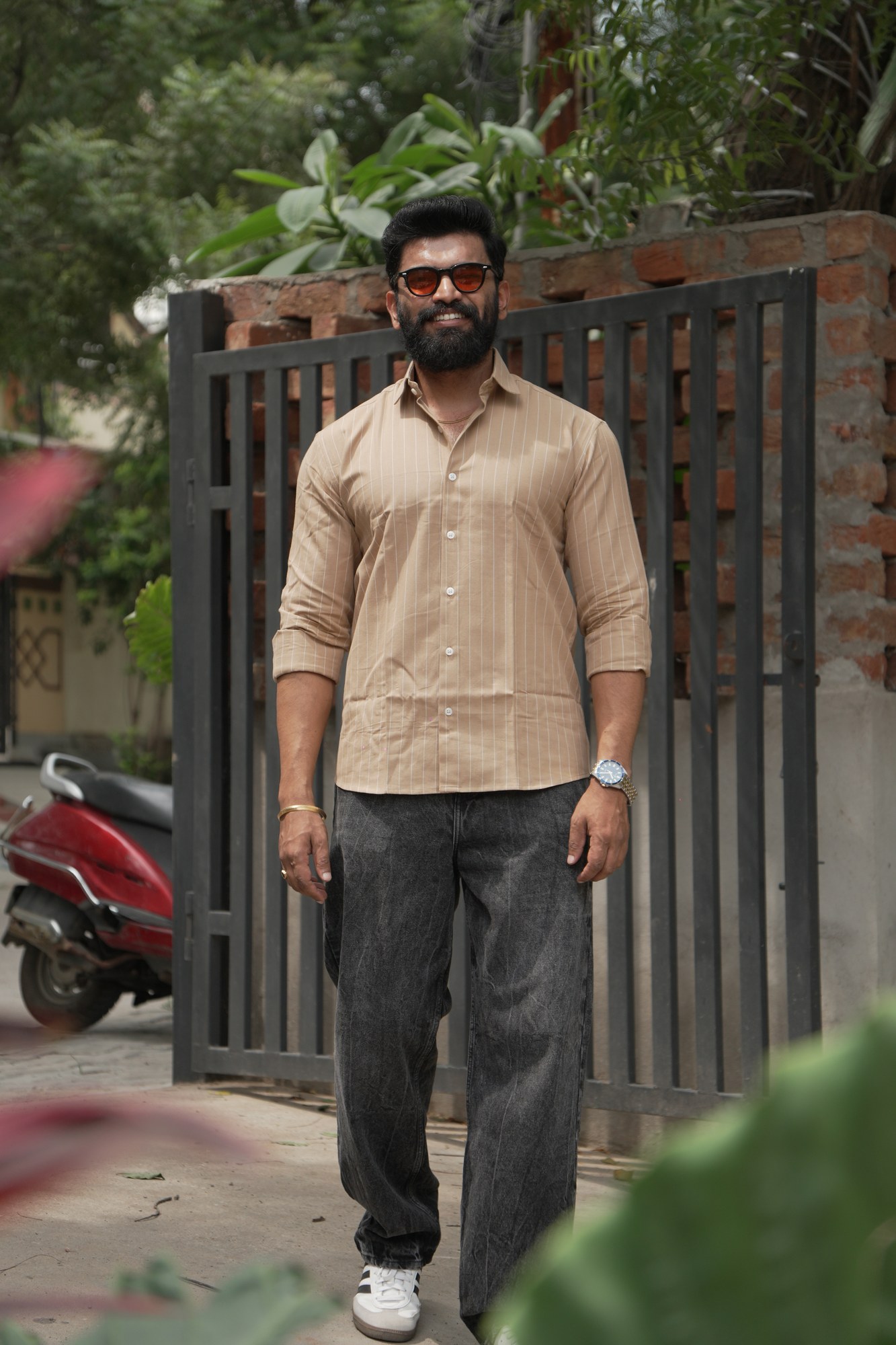 Coffee Stripe Cotton Shirt in 100% handwoven cotton, shown on a model.