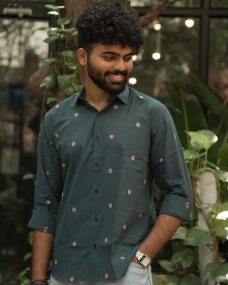 Forest Green Butta Jamdani Shirt in 100% handwoven cotton, shown on a model.