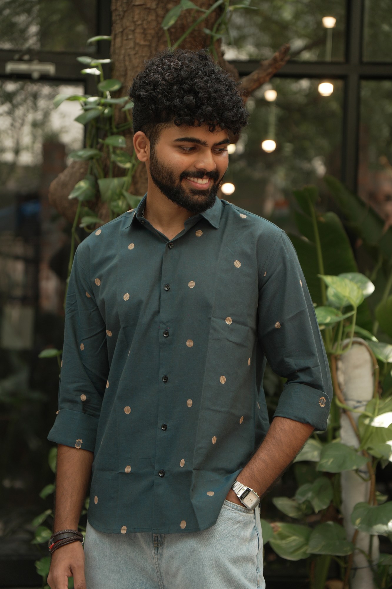 Forest Green Butta Jamdani Shirt in 100% handwoven cotton, shown on a model.