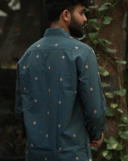 Forest Green Butta Jamdani Shirt in 100% handwoven cotton, shown on a model.