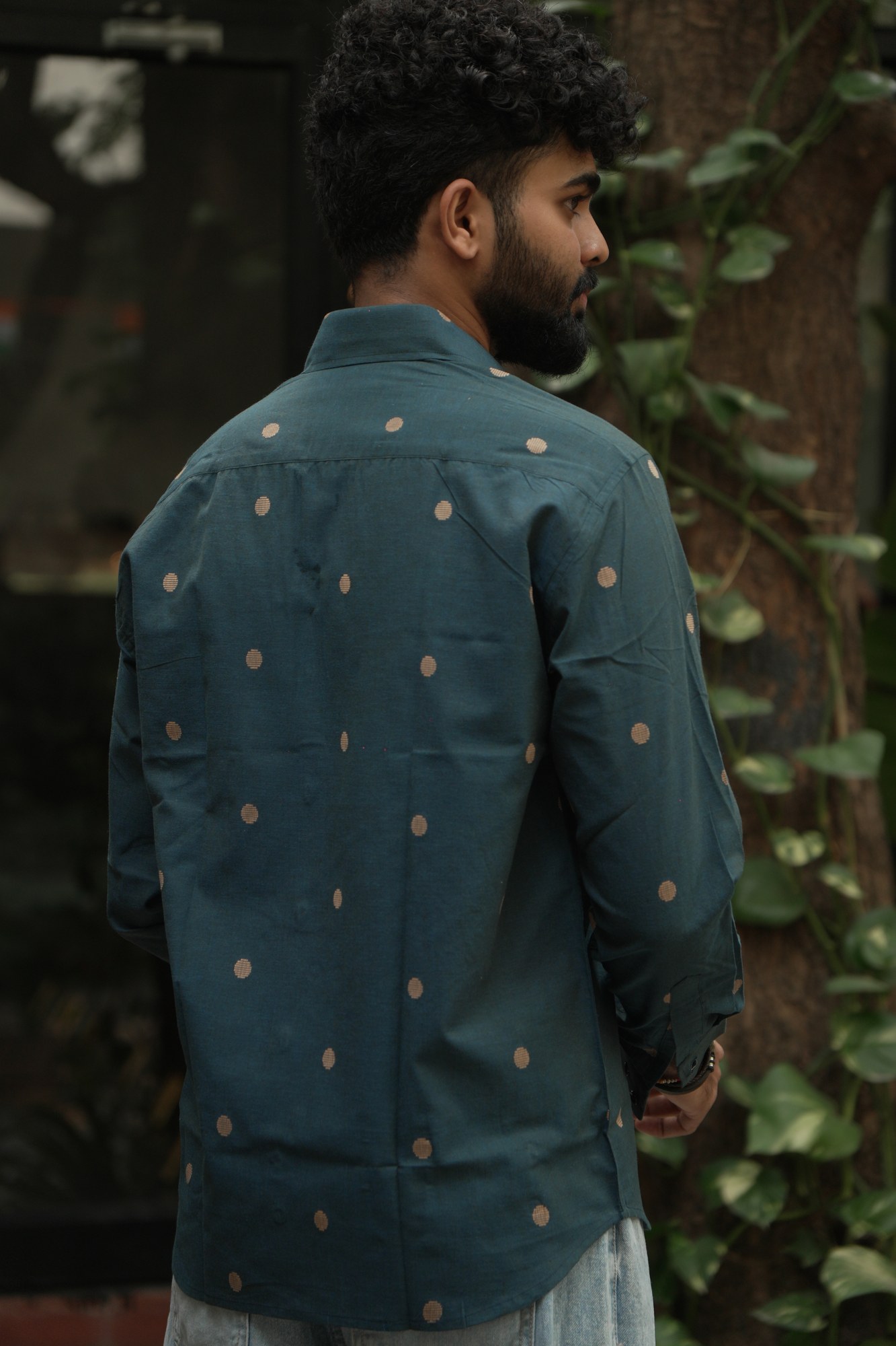 Forest Green Butta Jamdani Shirt in 100% handwoven cotton, shown on a model.