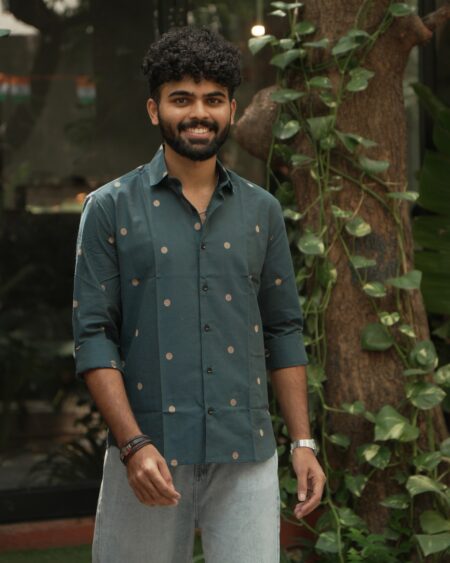 Forest Green Butta Jamdani Shirt in 100% handwoven cotton, shown on a model.