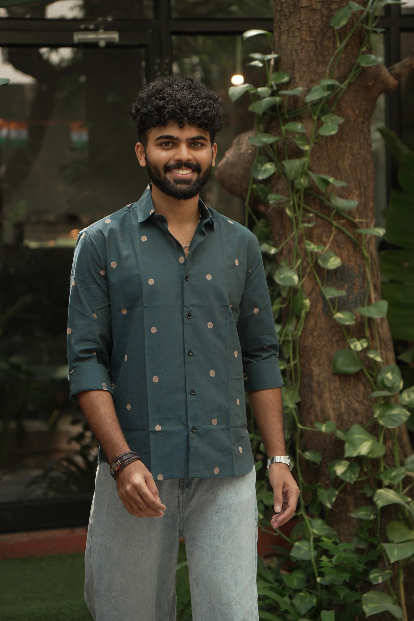 Forest Green Butta Jamdani Shirt in 100% handwoven cotton, shown on a model.
