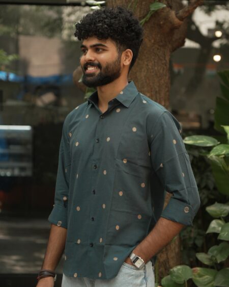 Forest Green Butta Jamdani Shirt in 100% handwoven cotton, shown on a model.