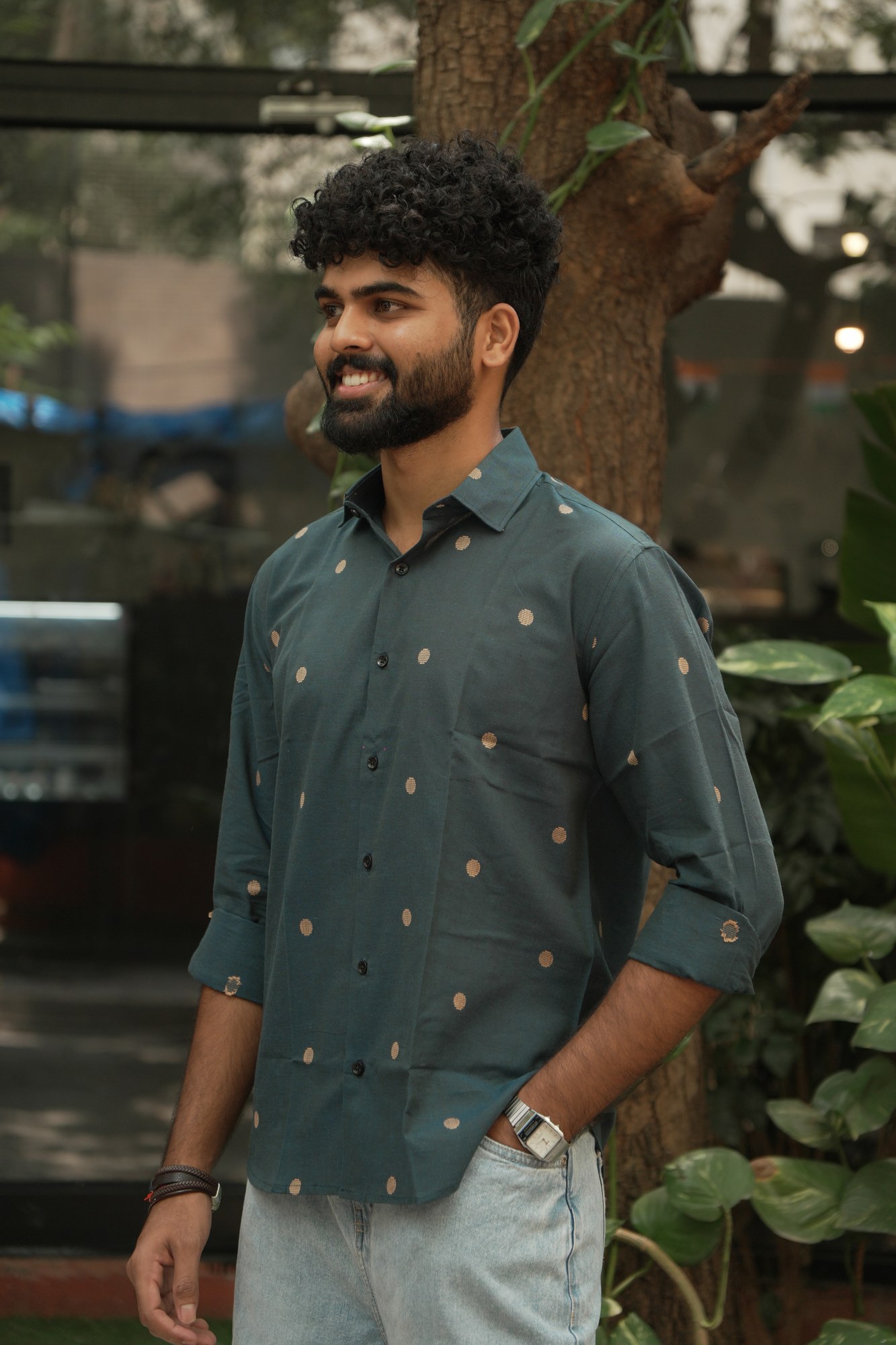 Forest Green Butta Jamdani Shirt in 100% handwoven cotton, shown on a model.