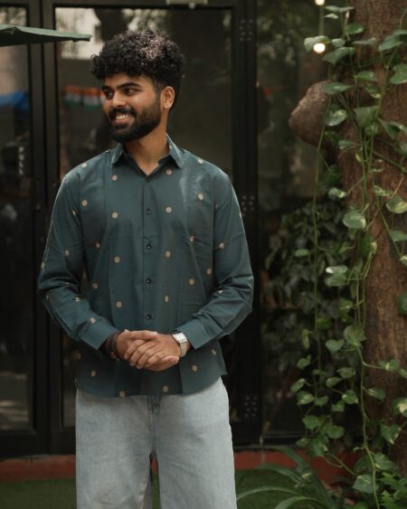 Forest Green Butta Jamdani Shirt in 100% handwoven cotton, shown on a model.