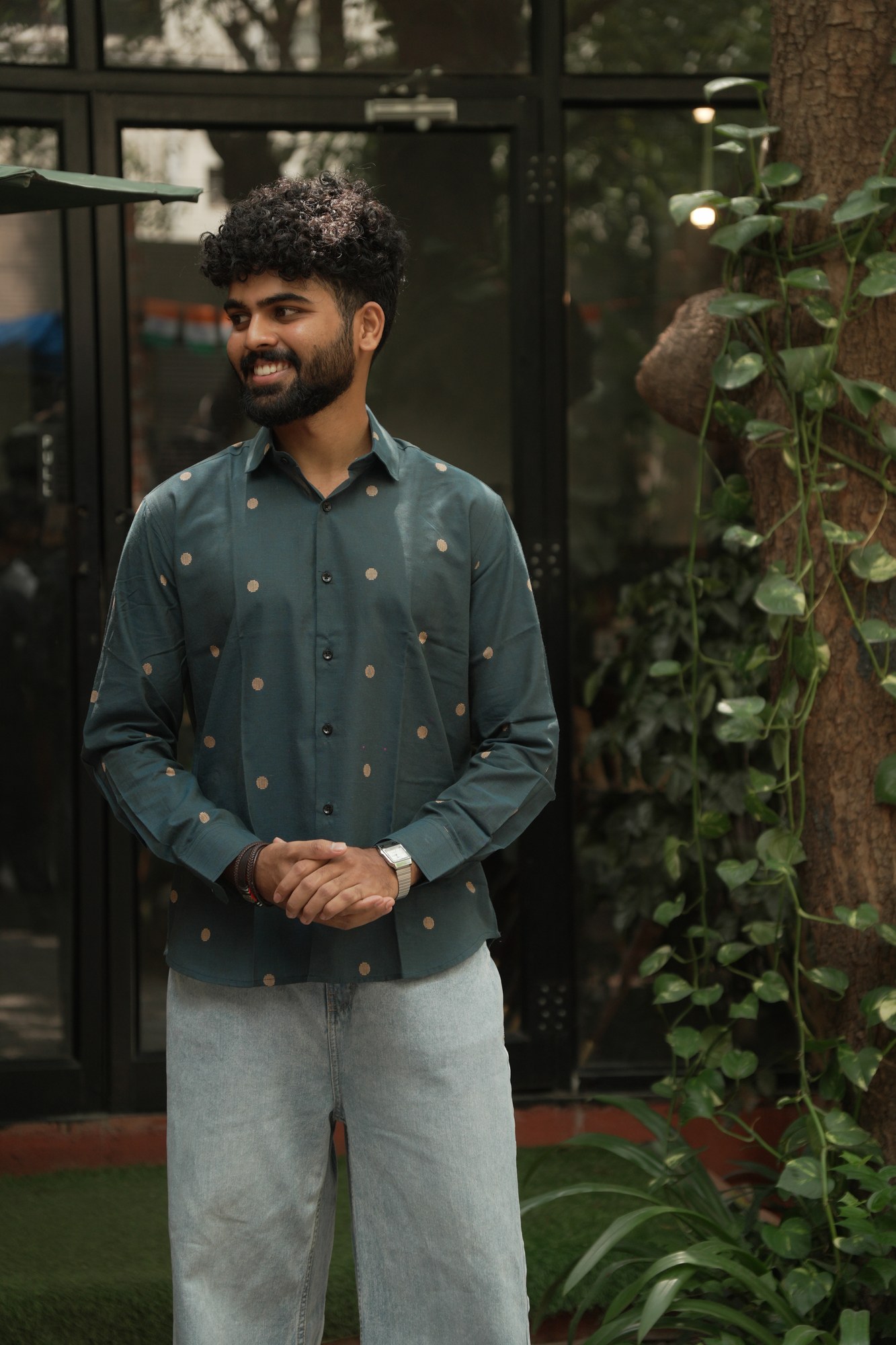 Forest Green Butta Jamdani Shirt in 100% handwoven cotton, shown on a model.